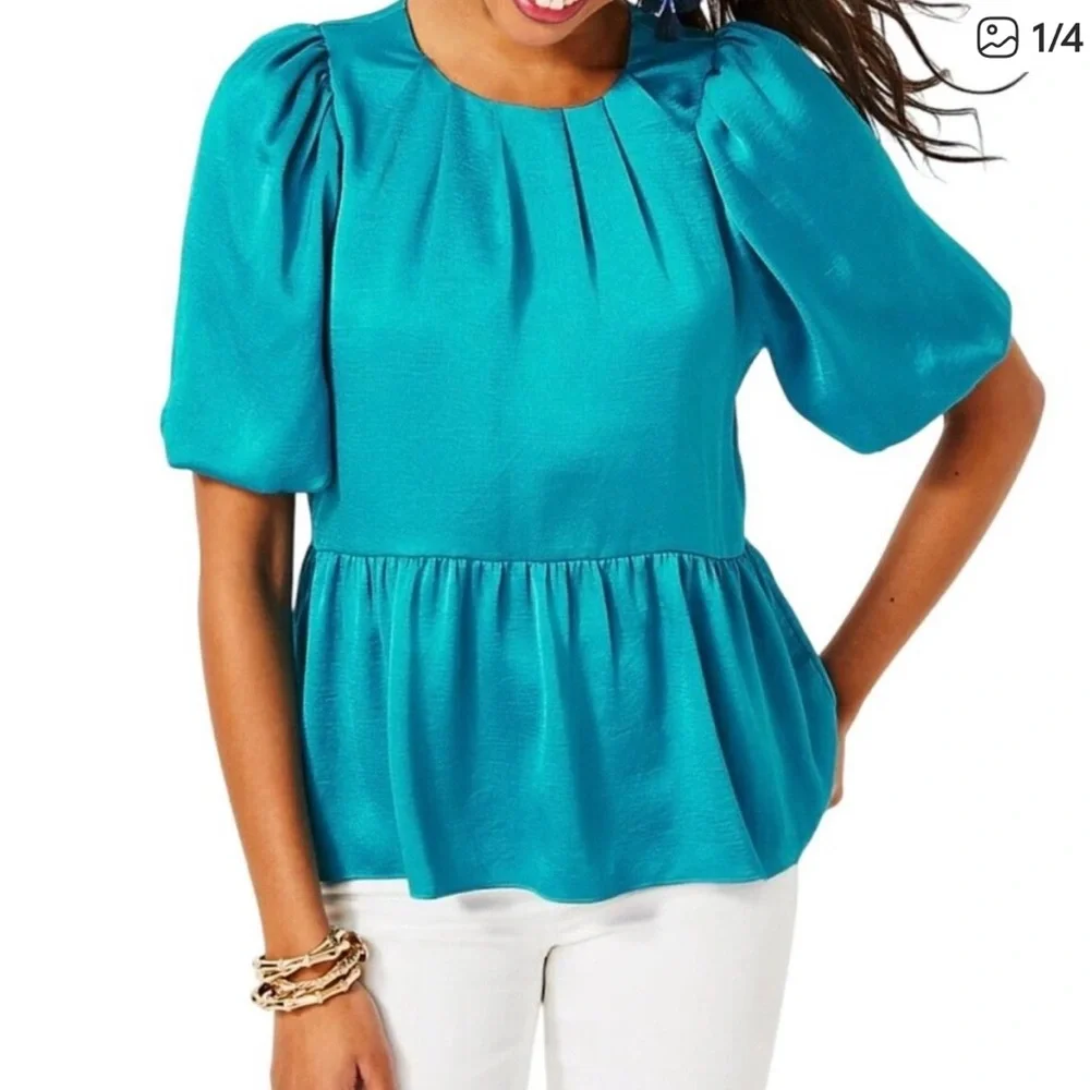Lilly Pulitzer Teal Peplum Bell Sleeve Blouse Top Size 4 Elegant Flowy Boho Chic